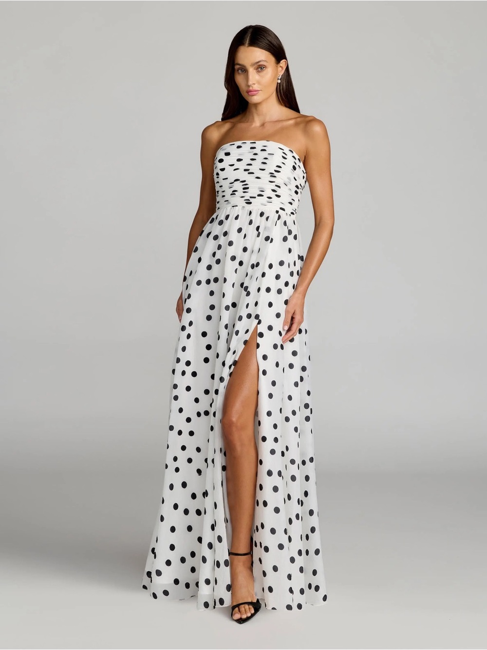 Mac Duggal 56248 White Polka Dot Strapless Viscose Gown With Slit sz 6